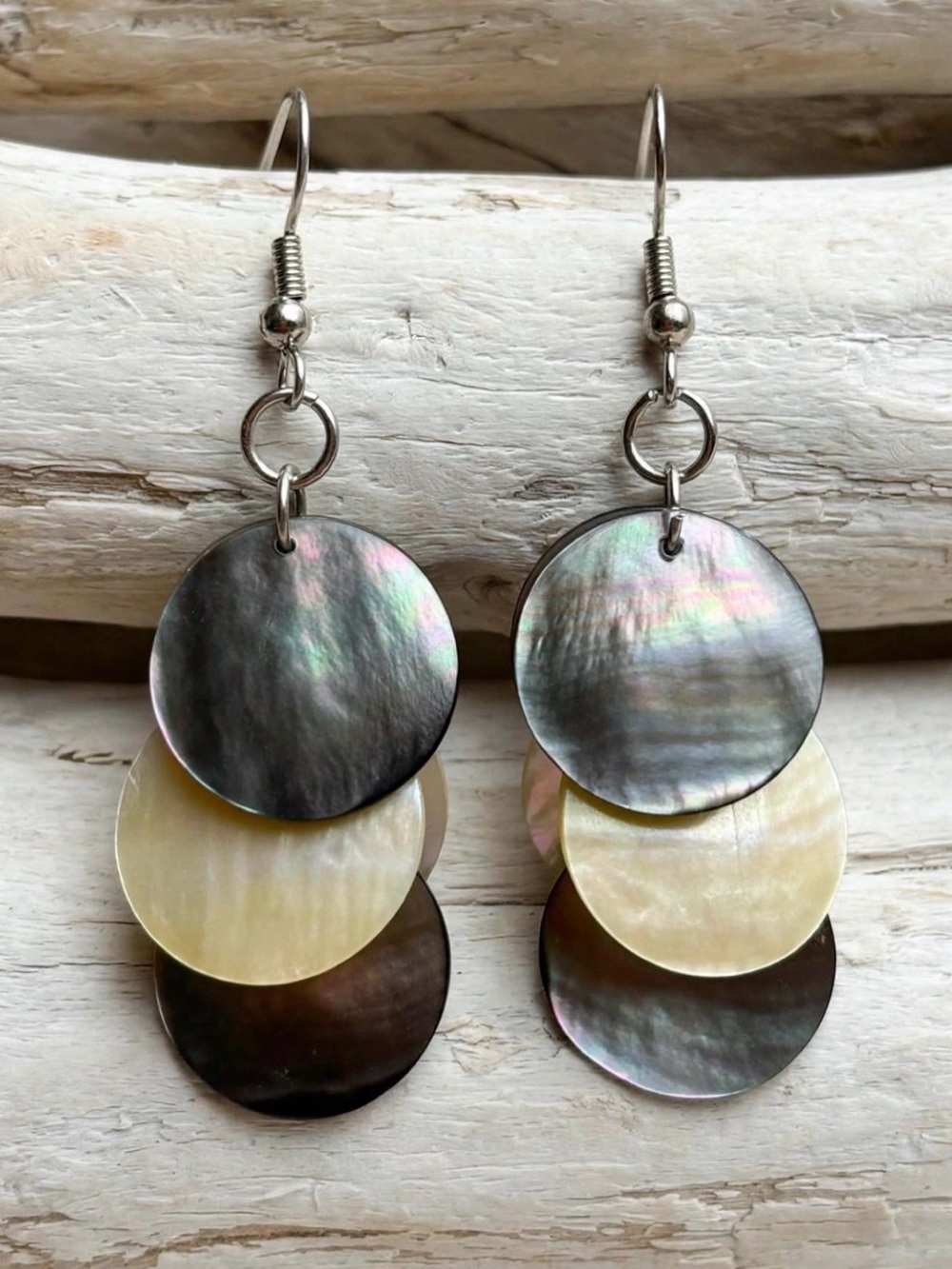 Mother of Pearl Shell Earrings - Black & White Two-Tone Iridescent Disc Dangles